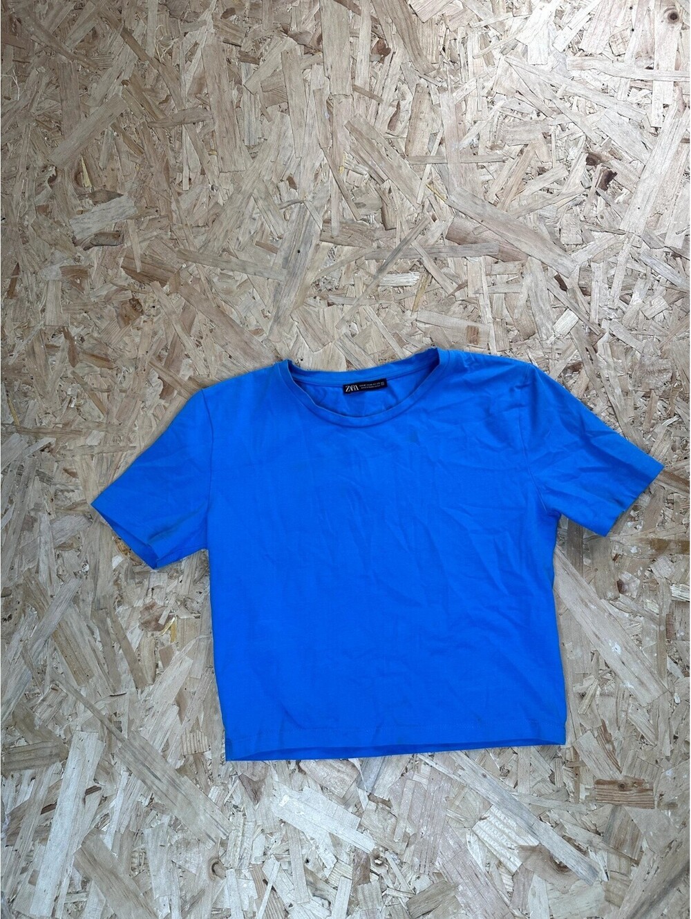 Zara Women Crop Top T-Shirt Medium Blue Short Sleeve Crew Neck Casual